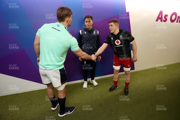 070325 - Scotland U20s v Wales U20s - U20s 6 Nations Championship - Captains Freddy Douglas of Scotland and Harry Beddall of Wales at the coin toss