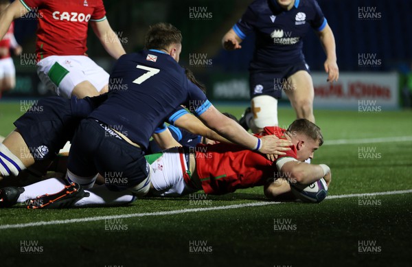 100223 - Scotland U20s v Wales U20s - U20s 6 Nations Championship - Morgan Morse of Wales crashes over the line to score a try