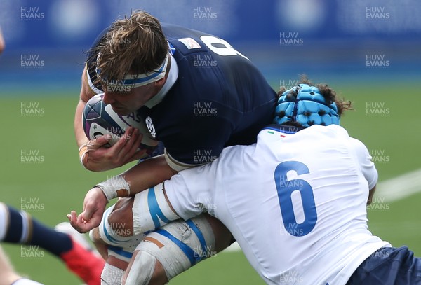 010721 - Scotland U20 v Italy U20, 2021 Six Nations U20 Championship - Ben Muncaster of Scotland is tackled by Luca Andreani of Italy