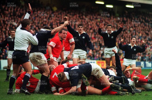 040395 - Scotland v Wales - Five Nations - Delighted Scottish players celebrates as David Hilton scores a try