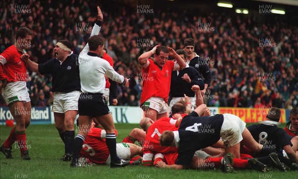 040395 - Scotland v Wales - Five Nations - Delighted Scottish players celebrates as David Hilton scores a try