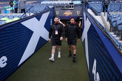 080325 - Scotland v Wales - Guinness 6 Nations Championship - Kemsley Mathias and Ben Thomas of Wales arrives at the stadium