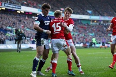 080325 - Scotland v Wales - Guinness 6 Nations Championship - Blair Murray of Wales celebrates scoring a try with team mates