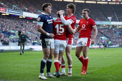 080325 - Scotland v Wales - Guinness 6 Nations Championship - Blair Murray of Wales celebrates scoring a try with team mates