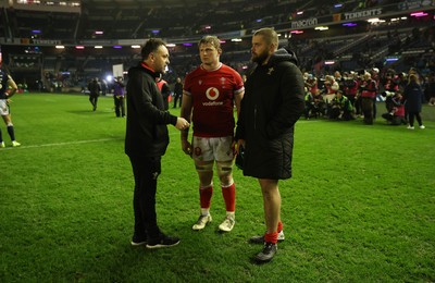 080325 - Scotland v Wales - Guinness 6 Nations Championship - Wales Head Coach Matt Sherratt, Jac Morgan and Nicky Smith of Wales at full time