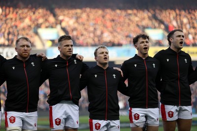 080325 - Scotland v Wales - Guinness 6 Nations Championship - Tommy Reffell, Gareth Anscombe, Blair Murray, Tom Rogers and Max Llewellyn sing the anthem