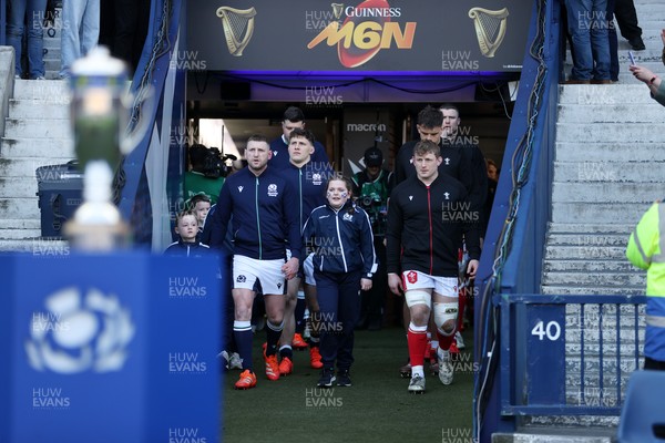 080325 - Scotland v Wales - Guinness 6 Nations Championship - Finn Russell of Scotland and Jac Morgan of Wales walk out the tunnel