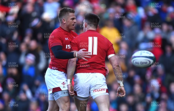 090319 - Scotland v Wales - Guinness Six Nations - Josh Adams of Wales celebrates scoring try with Gareth Anscombe (left)
