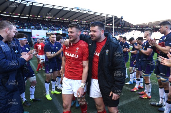090319 - Scotland v Wales - Guinness Six Nations - Dan Biggar and Rob Evans of Wales at the end of the game