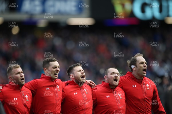 090319 - Scotland v Wales - Guinness 6 Nations - Ross Moriarty, George North, Rob Evans, Ken Owens and Alun Wyn Jones of Wales sing the anthem