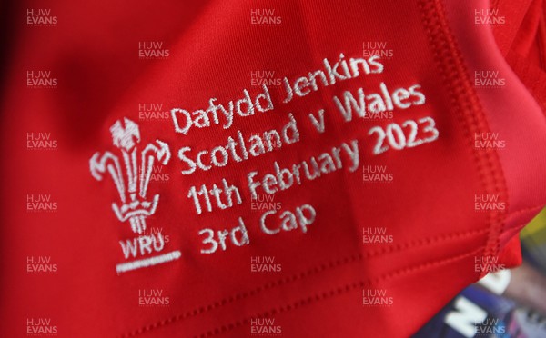 110223 - Scotland v Wales - Guinness Six Nations 2023 - Dafydd Jenkins jersey in the Wales dressing room