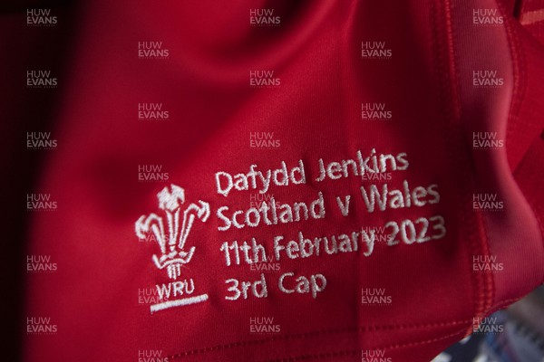 110223 - Scotland v Wales - Guinness Six Nations 2023 - Dafydd Jenkins jersey in the Wales dressing room