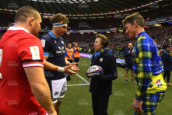 110223 - Scotland v Wales - Guinness Six Nations 2023 - Rob Wainwright and HRH Princess Anne present the match ball to Ken Owens of Wales and Jamie Ritchie of Scotland