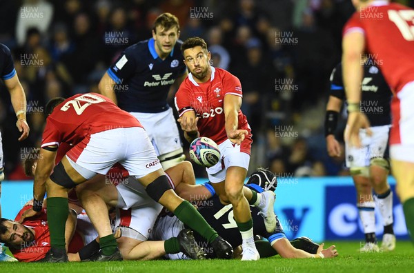 110223 - Scotland v Wales - Guinness Six Nations 2023 - Rhys Webb of Wales gets the ball away