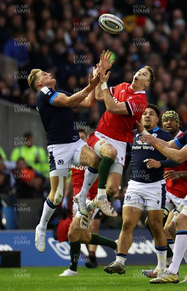 110223 - Scotland v Wales - Guinness 6 Nations Championship - Duhan van der Merwe of Scotland and Liam Williams of Wales go for the high ball