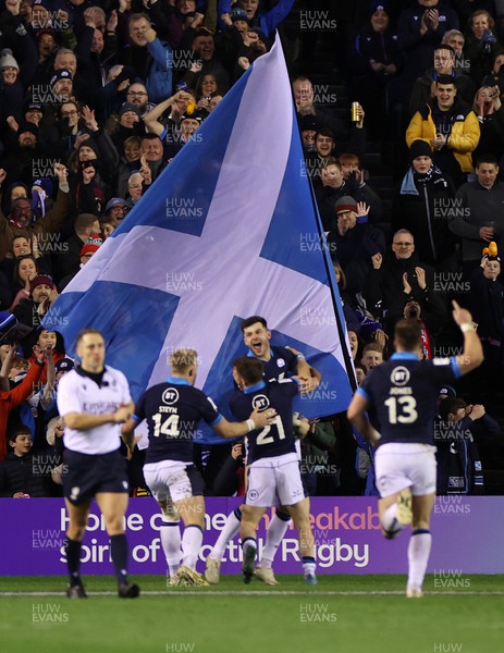 110223 - Scotland v Wales - Guinness 6 Nations Championship - Blair Kinghorn of Scotland celebrates scoring a try