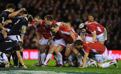 12.02.11 - Scotland v Wales - RBS Six Nations 2011 - Craig Mitchell, Matthew Rees, Paul James, Sam Warburton and Ryan Jones prepare for scrummage. 