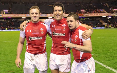 12.02.11 - Scotland v Wales - RBS Six Nations 2011 - Morgan Stoddart, James Hook and Shane Williams of Wales celebrate at the end of the game. 