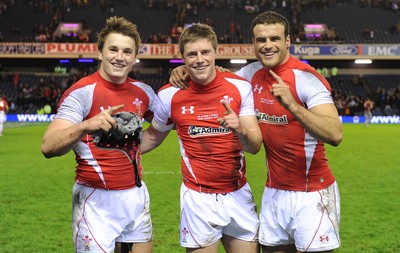 12.02.11 - Scotland v Wales - RBS Six Nations 2011 - Jonathan Davies, Rhys Priestland and Jamie Roberts of Wales celebrate at the end of the game. 