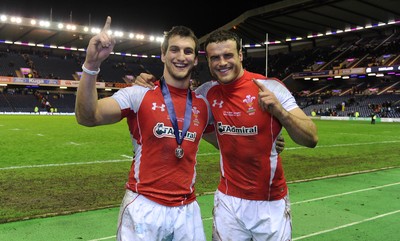 12.02.11 - Scotland v Wales - RBS Six Nations 2011 - Sam Warburton and Jamie Roberts of Wales celebrate at the end of the game. 