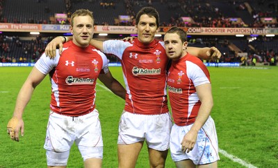 12.02.11 - Scotland v Wales - RBS Six Nations 2011 - Morgan Stoddart, James Hook and Shane Williams of Wales celebrate at the end of the game. 