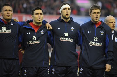 12.02.11 - Scotland v Wales - RBS Six Nations 2011 - Tavis Knoyle, Stephen Jones, Josh Turnbull and Rhys Priestland of Wales line up for the national anthems. 