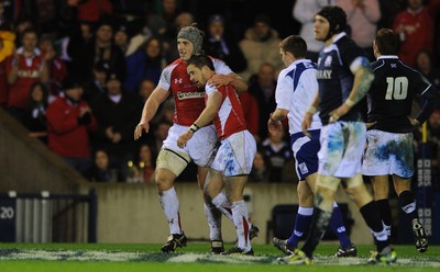 12.02.11 - Scotland v Wales - RBS Six Nations 2011 - Shane Williams of Wales celebrates his try with Jonathan Davies. 