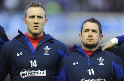 12.02.11 - Scotland v Wales - RBS Six Nations 2011 - Morgan Stoddart and Shane Williams line up for the national anthems. 