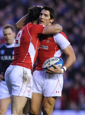 12.02.11 - Scotland v Wales - RBS Six Nations 2011 - Mike Phillips of Wales and James Hook celebrate a try. 