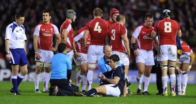 12.02.11 - Scotland v Wales - RBS Six Nations 2011 - Hugo Southwell of Scotland is treated after a collision. 