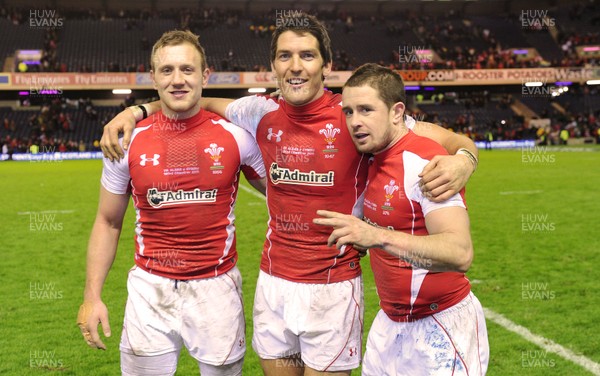 12.02.11 - Scotland v Wales - RBS Six Nations 2011 - Morgan Stoddart, James Hook and Shane Williams of Wales celebrate at the end of the game. 