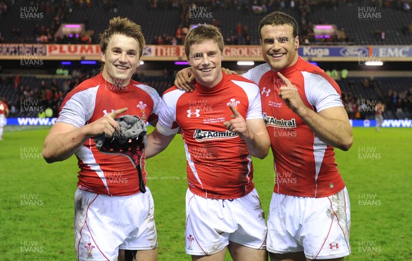 12.02.11 - Scotland v Wales - RBS Six Nations 2011 - Jonathan Davies, Rhys Priestland and Jamie Roberts of Wales celebrate at the end of the game. 