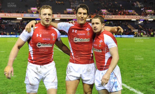 12.02.11 - Scotland v Wales - RBS Six Nations 2011 - Morgan Stoddart, James Hook and Shane Williams of Wales celebrate at the end of the game. 
