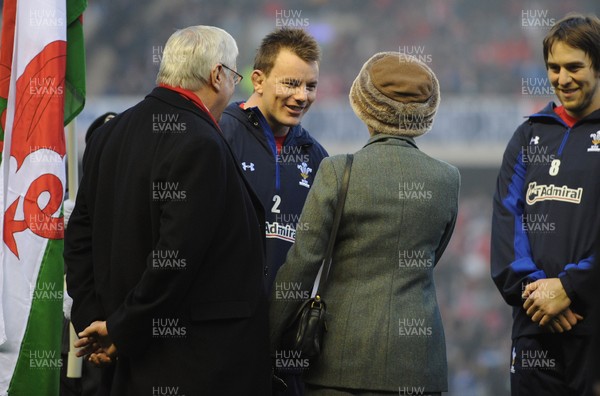 12.02.11 - Scotland v Wales - RBS Six Nations 2011 - Matthew Rees of Wales shakes hands with HRH Princess Anne as WRU President Dennis Gethin looks on(L). 