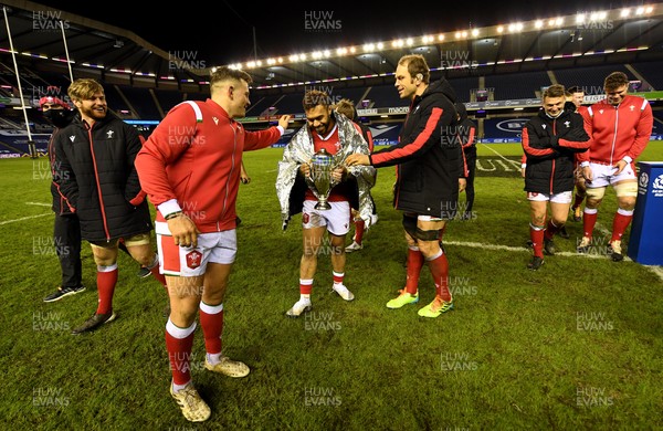 130221 - Scotland v Wales - Guinness Six Nations - Aaron Wainwright, Elliot Dee, Willis Halaholo and Alun Wyn Jones of Wales with the Doddie Weir Cup