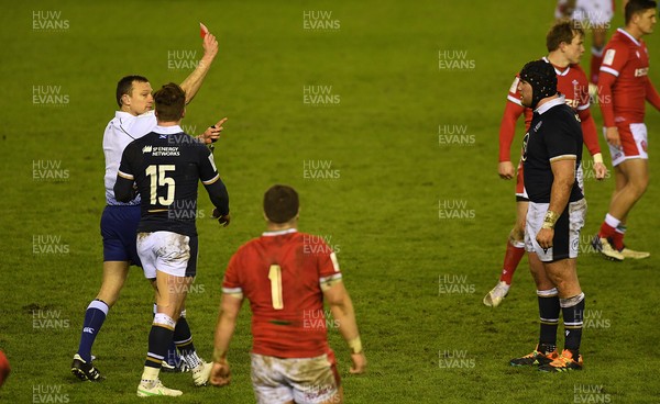 130221 - Scotland v Wales - Guinness Six Nations - Referee Matthew Carley shows Zander Fagerson of Scotland a red card