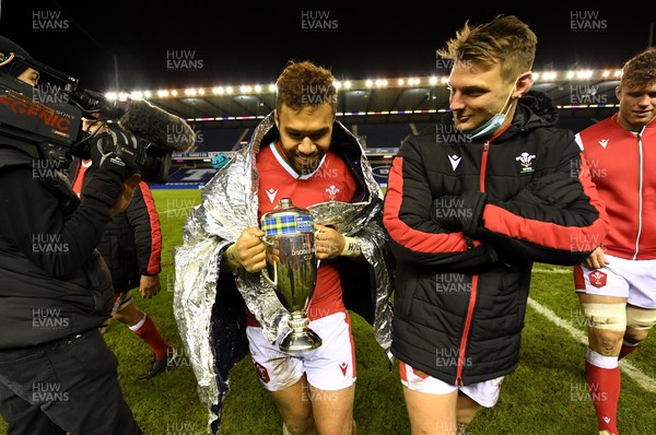 130221 - Scotland v Wales - Guinness Six Nations - Willis Halaholo and Dan Biggar of Wales with the Doddie Weir Cup at the end of the game