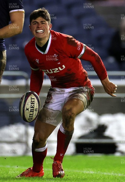 130221 - Scotland v Wales - Guinness 6 Nations - Louis Rees-Zammit of Wales celebrates scoring a try