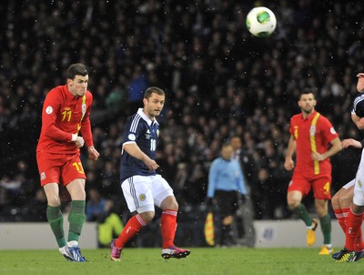 220313 -  Scotland v Wales - 2014 FIFA World Cup Qualifier -  Hampden Park - Scotland - Gareth Bale of Wales shoots 