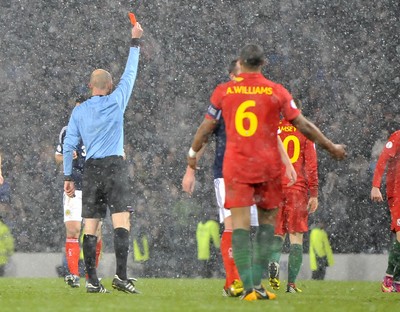 220313 -  Scotland v Wales - 2014 FIFA World Cup Qualifier -  Hampden Park - Scotland - Aaron Ramsey of Wales is sent off 