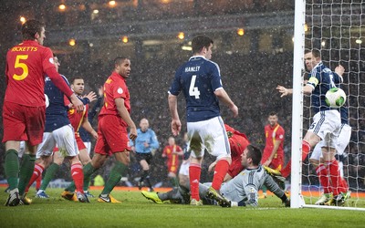 220313 -  Scotland v Wales - 2014 FIFA World Cup Qualifier -  Hampden Park - Scotland - Hal Robson-Kanu of Wales has a goal disallowed