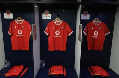 220325  Scotland v Wales, Guinness Women’s Six Nations 2025 - Match Shirts for Maisie Davies, Carys Phillips and Jenni Scoble hang inthe Wales changing room ahead of the match