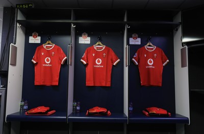 220325  Scotland v Wales, Guinness Women’s Six Nations 2025 - Match Shirts for Maisie Davies, Carys Phillips and Jenni Scoble hang inthe Wales changing room ahead of the match