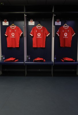 220325  Scotland v Wales, Guinness Women’s Six Nations 2025 - Match Shirts for Maisie Davies, Carys Phillips and Jenni Scoble hang inthe Wales changing room ahead of the match