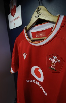 220325  Scotland v Wales, Guinness Women’s Six Nations 2025 - Carys Phillips’ match shirt hangs in the Wales changing room ahead of the match on the occasion of her 80th cap