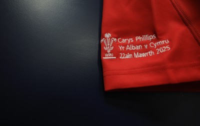 220325  Scotland v Wales, Guinness Women’s Six Nations 2025 - Carys Phillips’ match shirt hangs in the Wales changing room ahead of the match on the occasion of her 80th cap