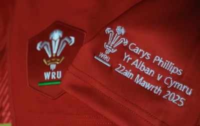 220325  Scotland v Wales, Guinness Women’s Six Nations 2025 - Carys Phillips’ match shirt hangs in the Wales changing room ahead of the match on the occasion of her 80th cap