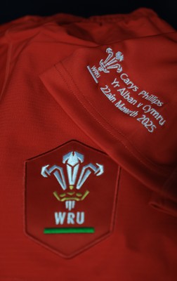 220325  Scotland v Wales, Guinness Women’s Six Nations 2025 - Carys Phillips’ match shirt hangs in the Wales changing room ahead of the match on the occasion of her 80th cap