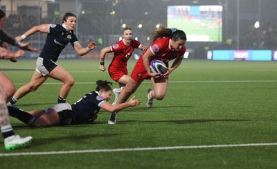 220325  Scotland v Wales, Guinness Women’s Six Nations 2025 - Kayleigh Powell of Wales is tackled short of the line