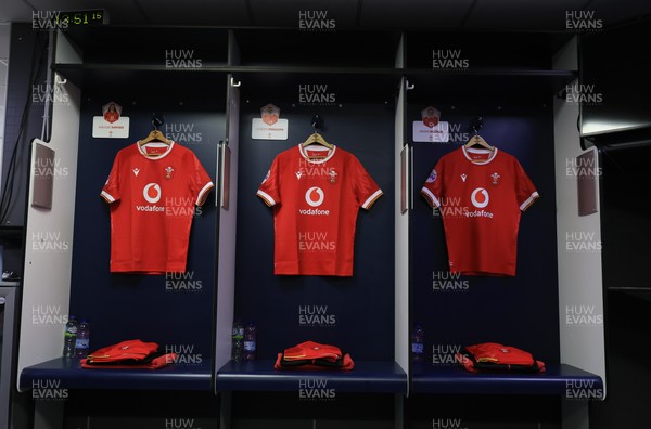 220325  Scotland v Wales, Guinness Women’s Six Nations 2025 - Match Shirts for Maisie Davies, Carys Phillips and Jenni Scoble hang inthe Wales changing room ahead of the match